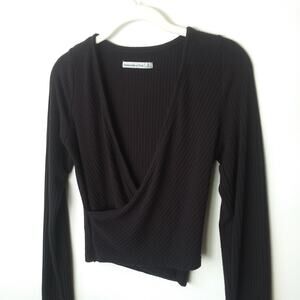 Abercrombie Fitch S Faux Wrap Top Black Ribbed Cropped Soft Stretchy Balletcore